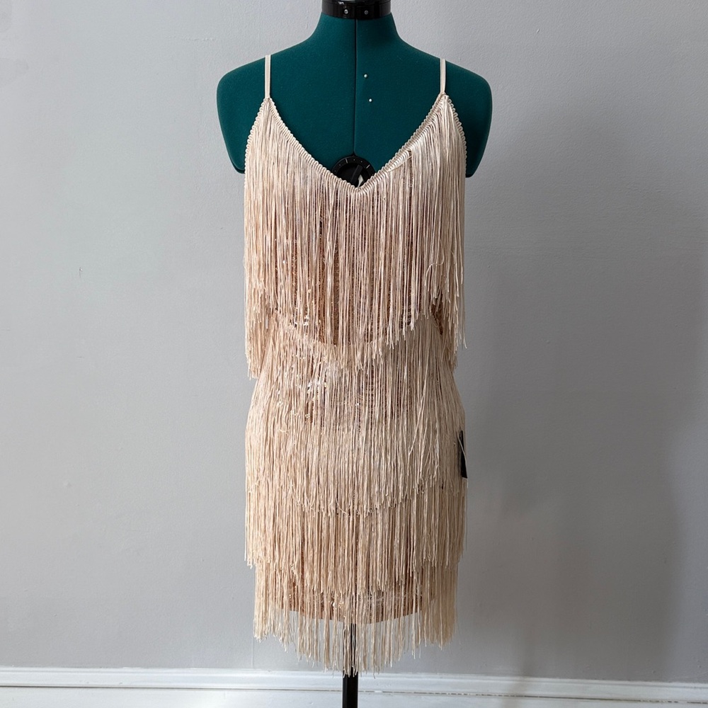 Lulu's Cream Fringe Prom Dress